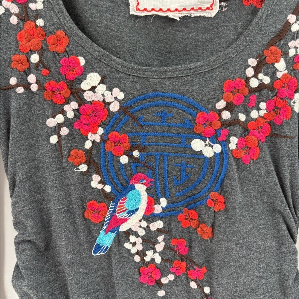 Johnny Was Floral y2k Embroidered Top Fitted Ruched AsianInspired Bird small NWT - Picture 3 of 16